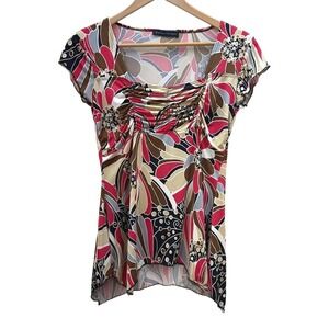 Vintage Y2K Babydoll Top Sz‎ S Floral Short Sleeve Ruched Asymmetrical Hem Fall